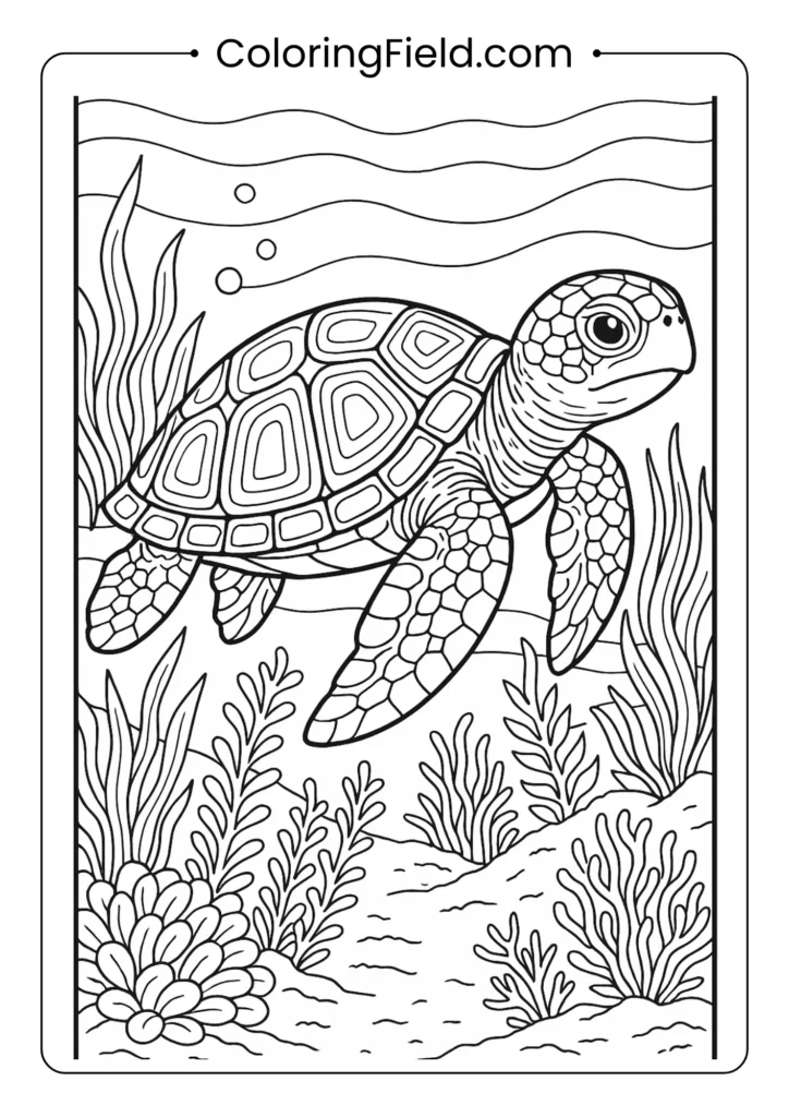 Detailed sea turtle coloring page with intricate shell patterns underwater