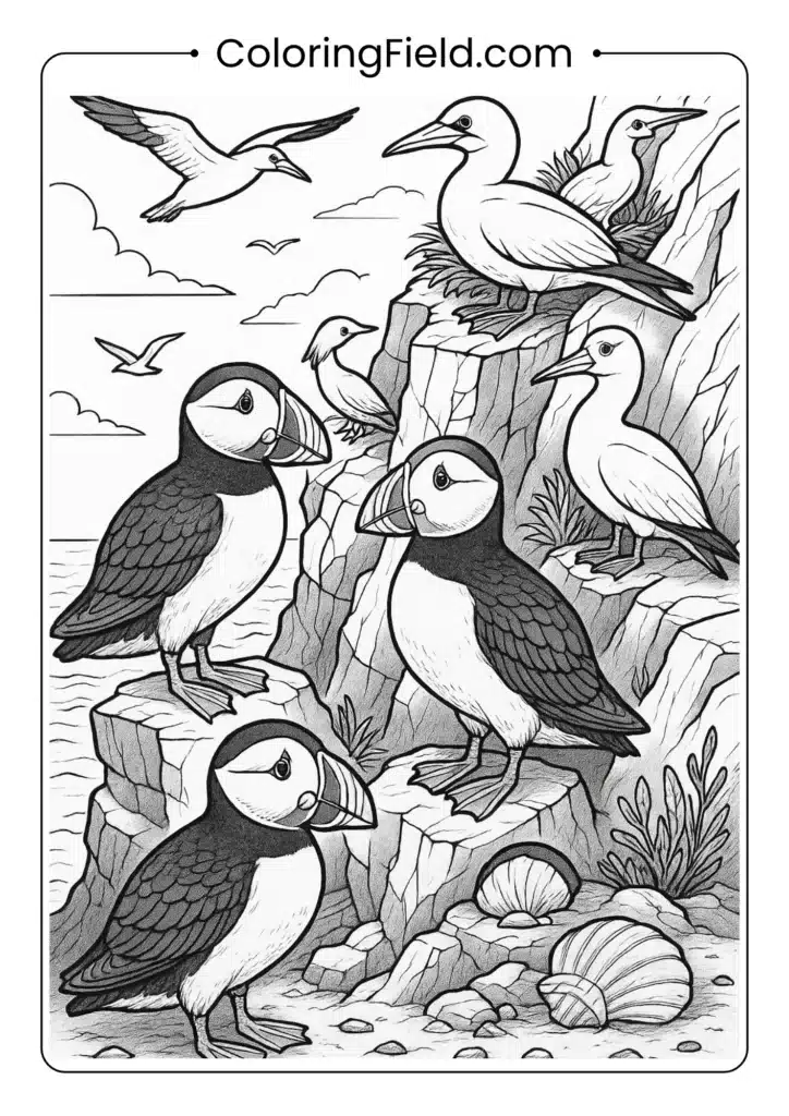 Detailed puffins and gannets coloring page with realistic feather textures on cliff