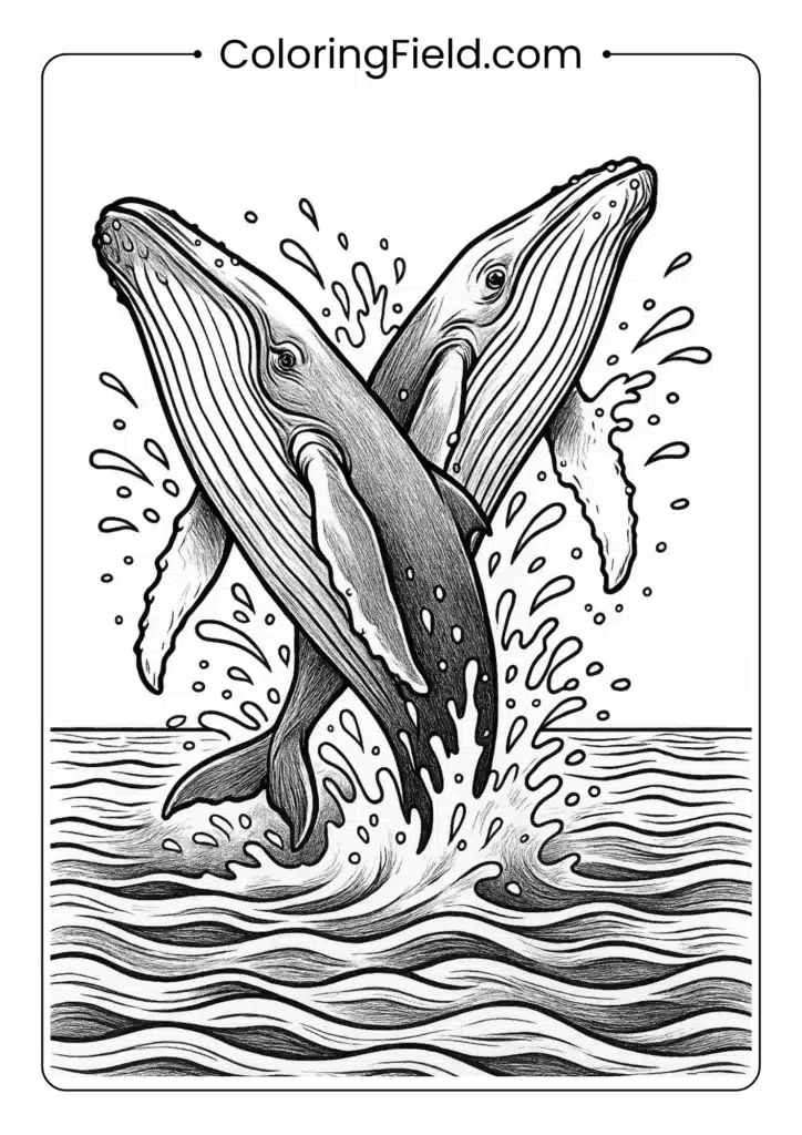 Humpback whales breaching coloring page with detailed water splashes