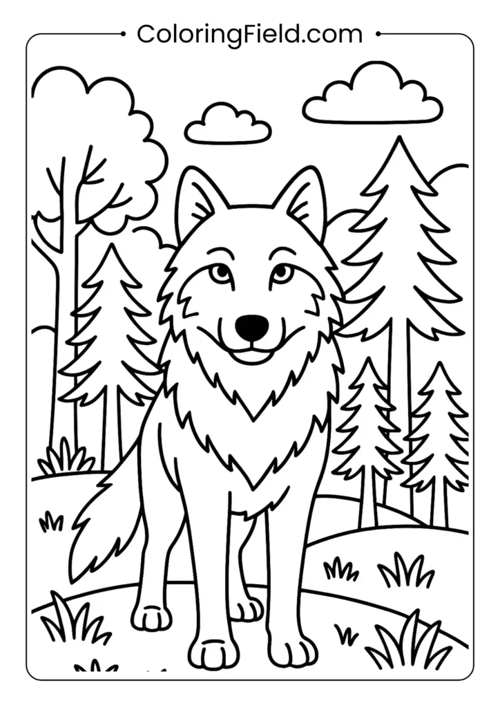 Realistic adult wolf resting coloring page with detailed fur and calm expression