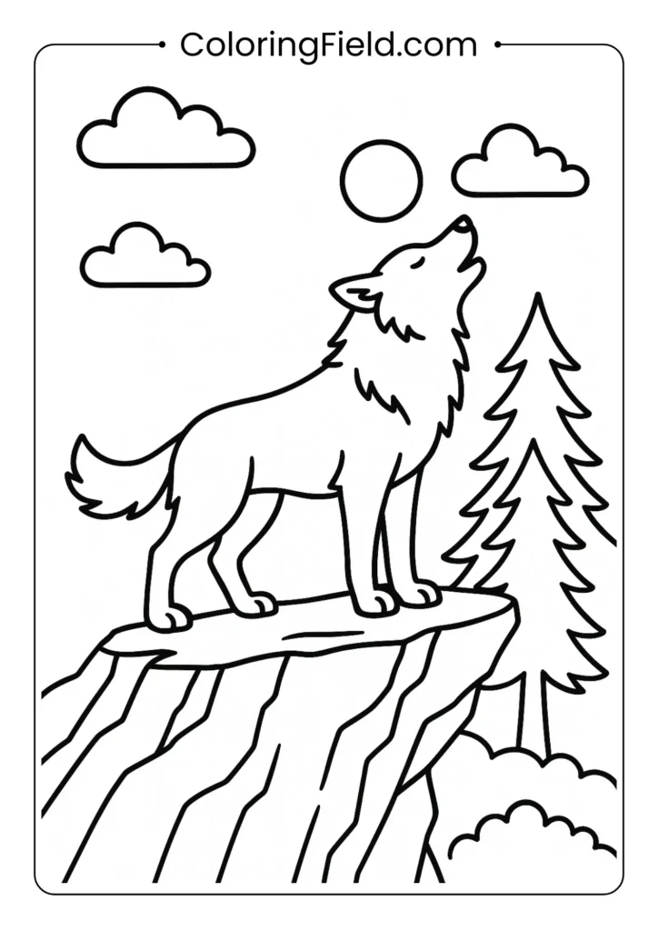 Realistic wolf in forest coloring page with detailed fur, tall trees, and natural background
