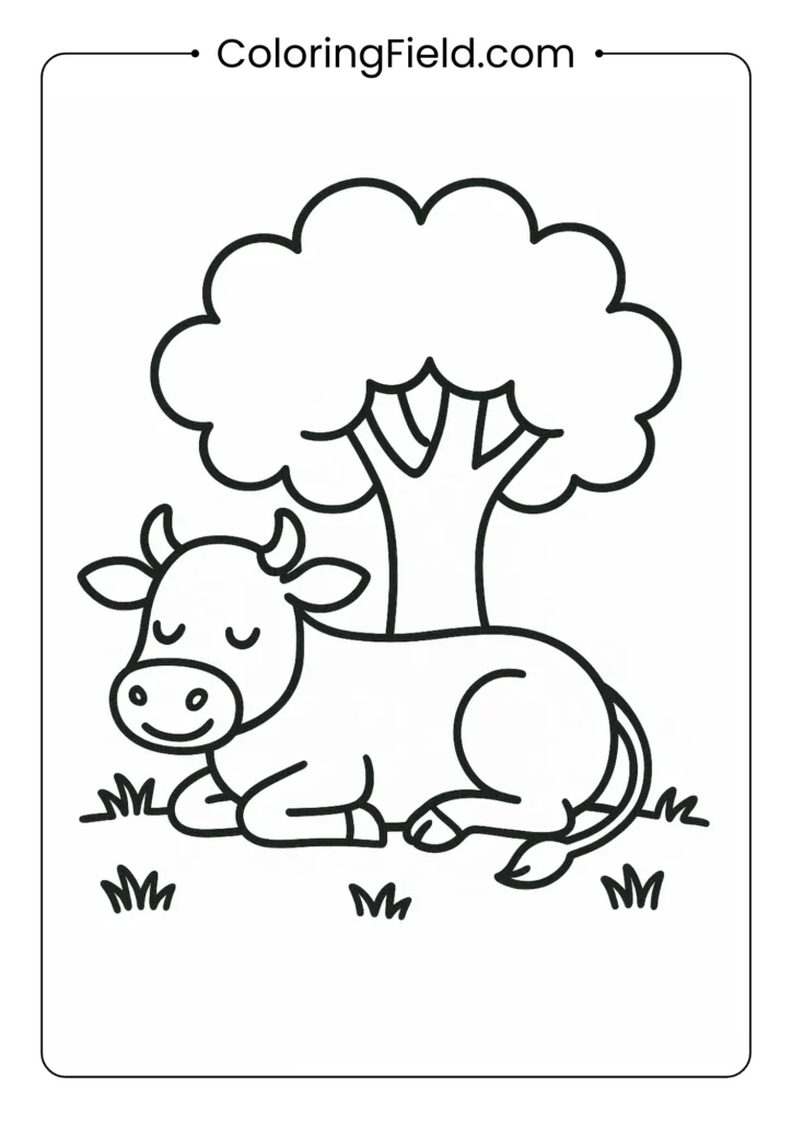 Cow resting under simple tree outline coloring page for toddlers