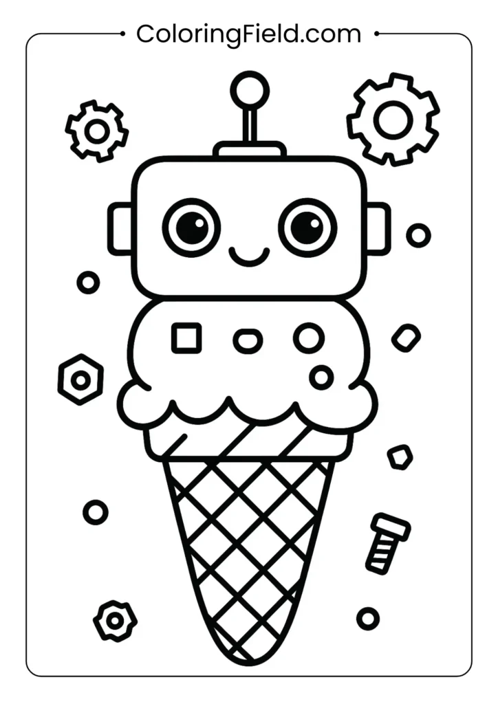Robot ice cream character coloring page with geometric shapes and gear decorations