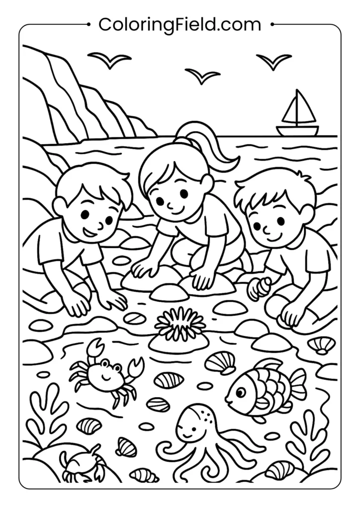 Kids exploring tide pools coloring page with crabs, anemones and shells