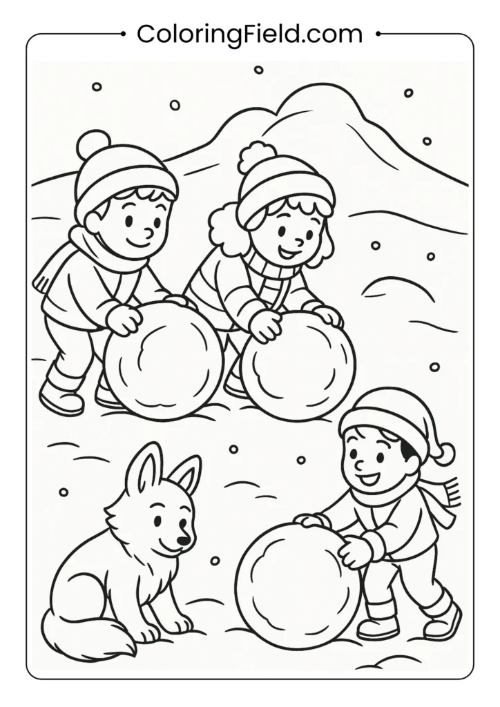 Children rolling snowballs coloring page showing snowman construction process