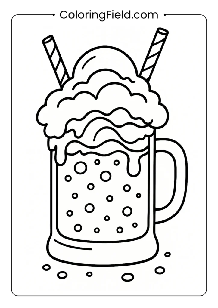 Root beer float sundae coloring page with foam, bubbles and striped straw