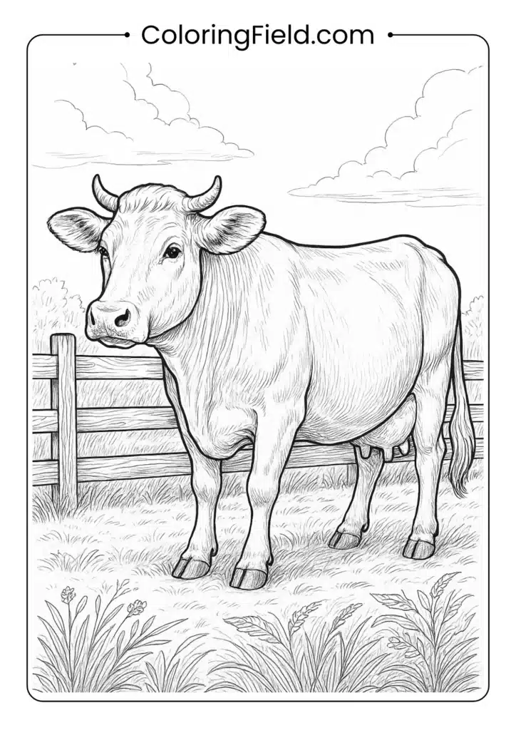 Realistic cow by weathered wooden fence detailed farm coloring page
