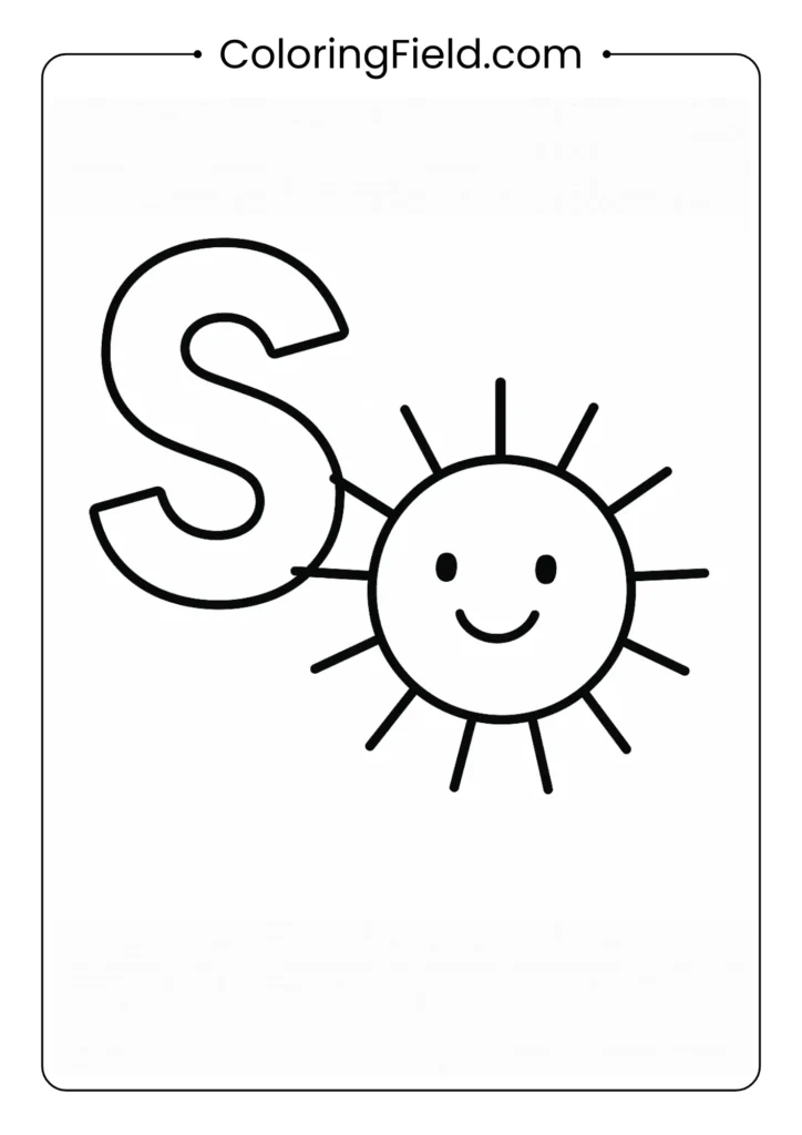 Letter S coloring page with smiling sun for weather alphabet theme