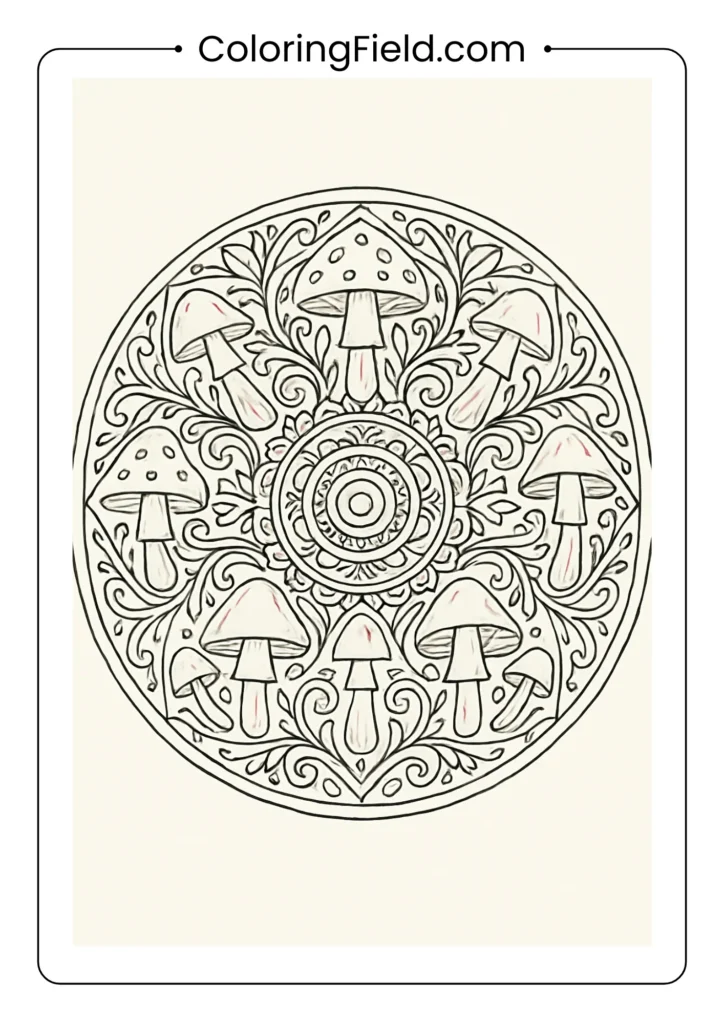 Intricate mandala with repeating mushroom motifs and decorative patterns coloring page