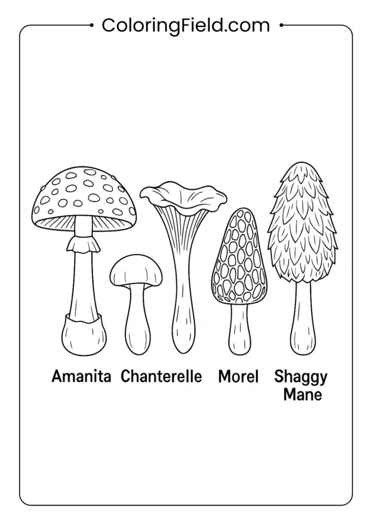 Comparison chart showing edible and poisonous mushroom types coloring page