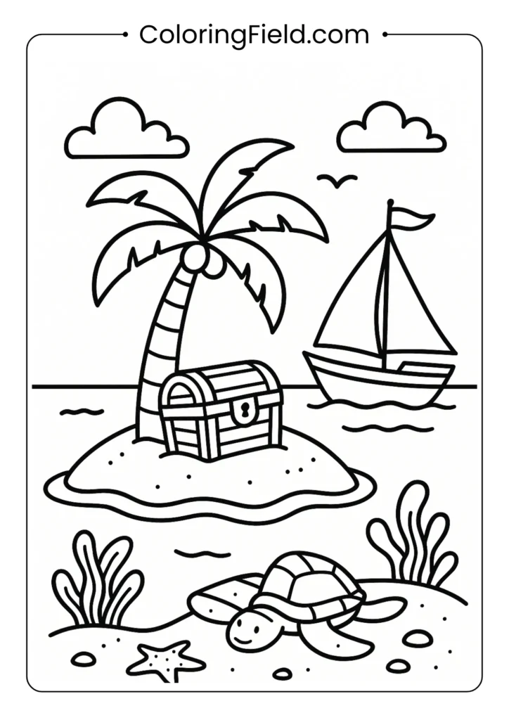 Small island with palm tree coloring page, treasure chest and approaching boat
