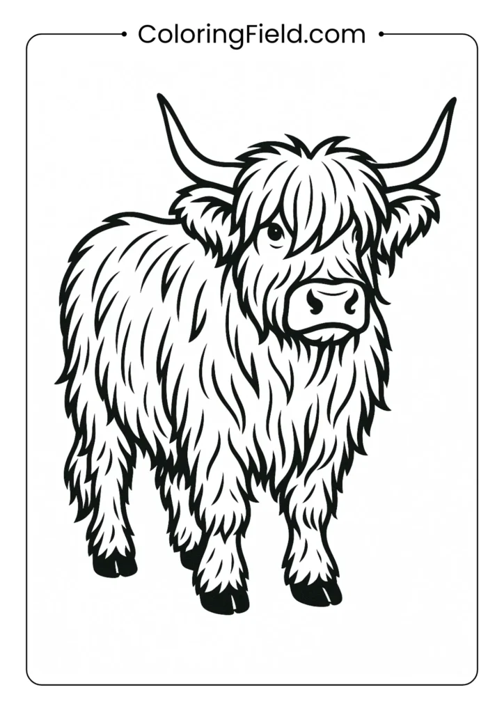 Highland cow with detailed shaggy coat and long horns realistic coloring page