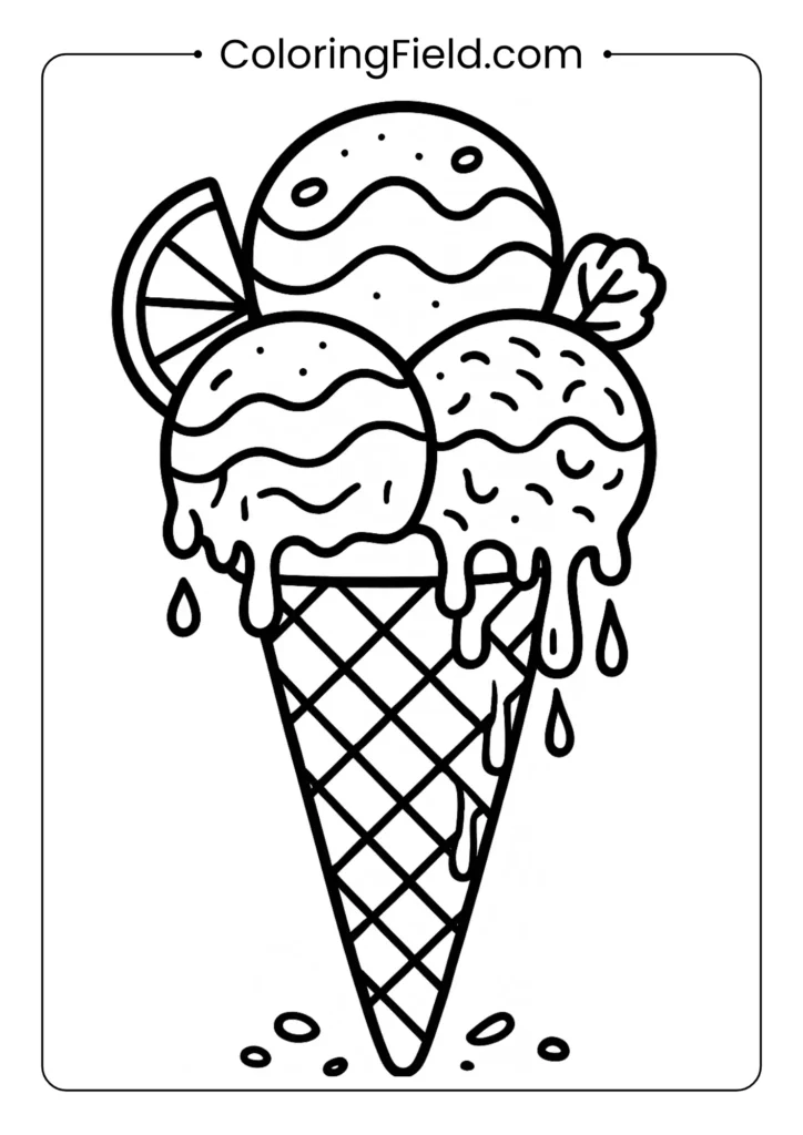Rainbow sherbet cone coloring page with fruit garnishes and colorful drips