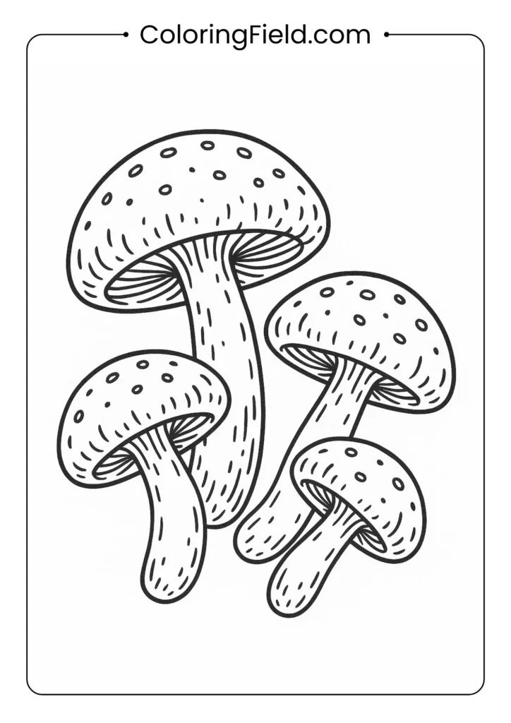 Group of shiitake mushrooms showing gills underneath caps coloring page