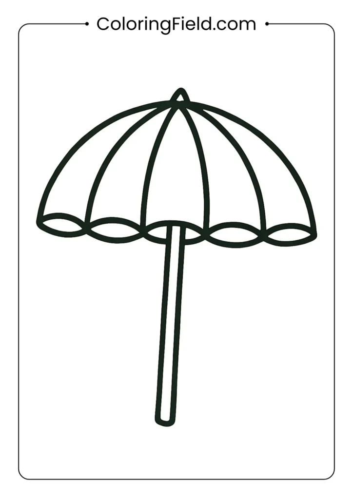 Large beach umbrella coloring page with simple stripes and thick pole
