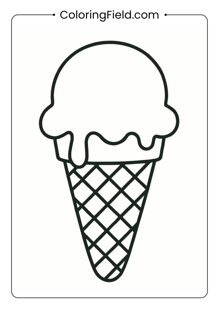 Beach ice cream cone coloring page with waffle pattern and dripping details