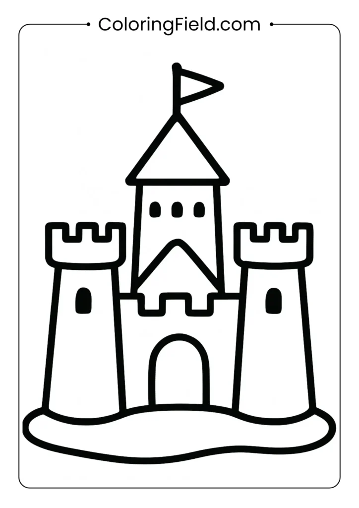 Simple sandcastle coloring page with three towers and flag, thick outlines for toddlers
