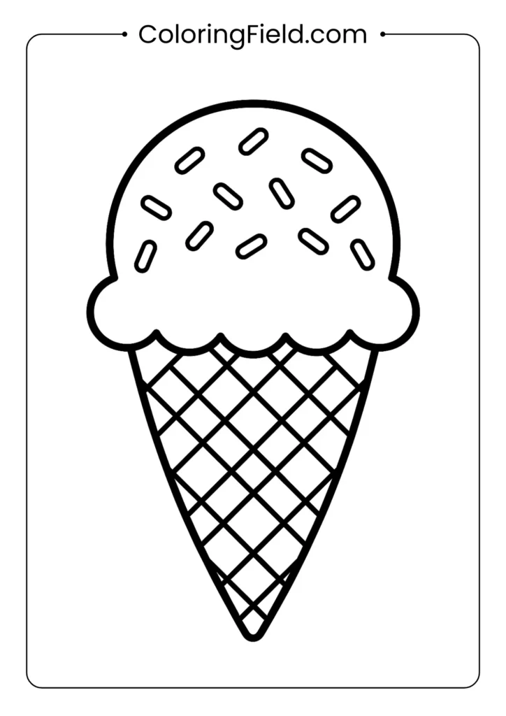 Simple vanilla ice cream cone coloring page with waffle cone and sprinkles for kids