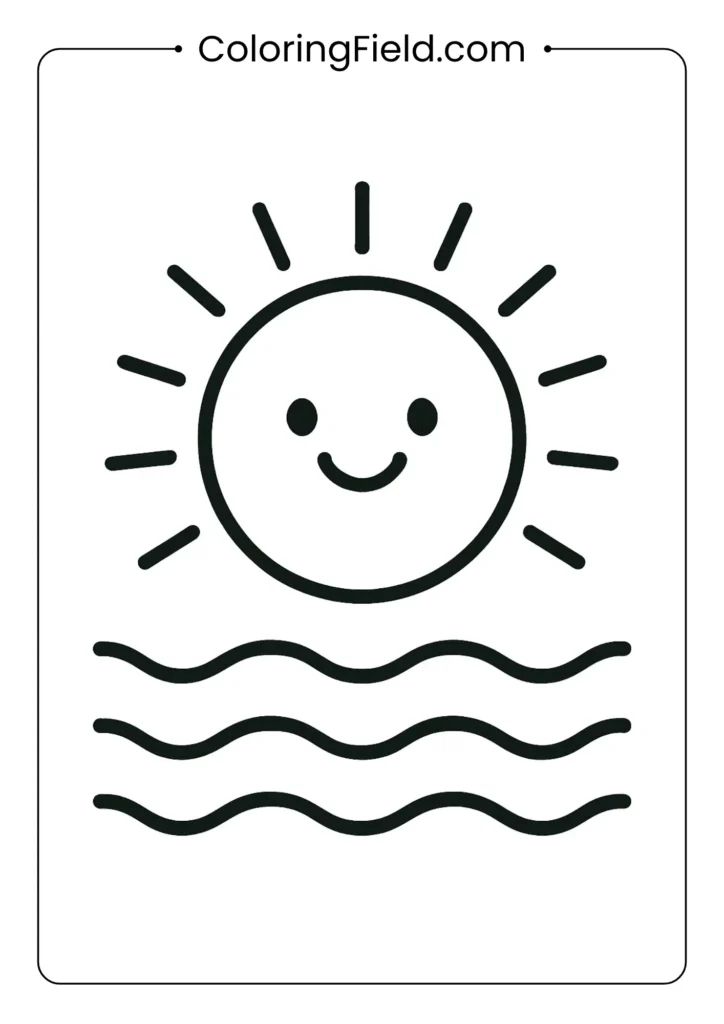 Basic sun and waves coloring page with smiling face, toddler-appropriate