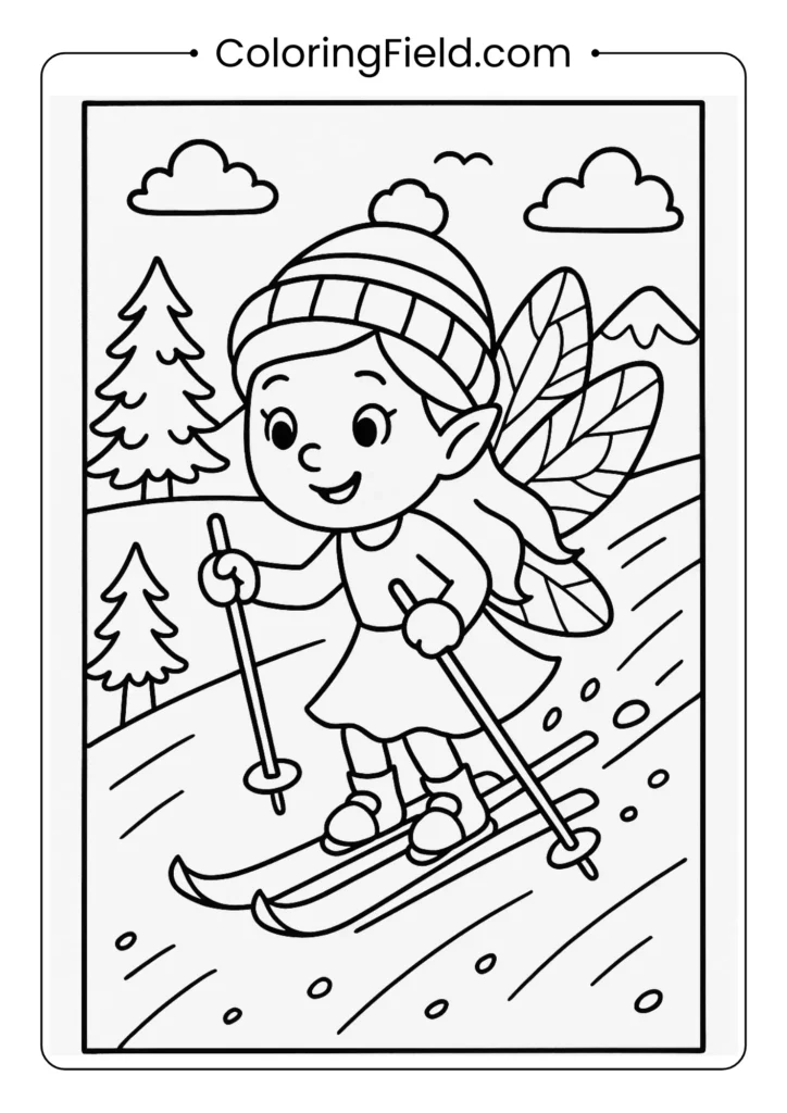 Fairy skiing down snowy hill with winter sports equipment coloring page