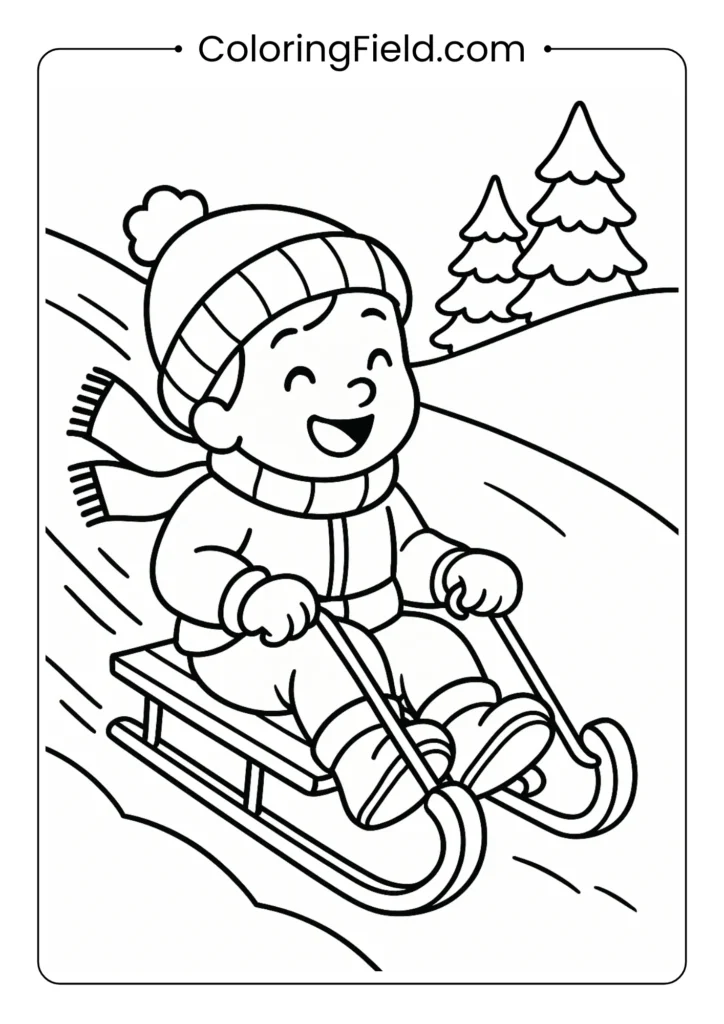 Child sledding coloring page going downhill with flowing scarf