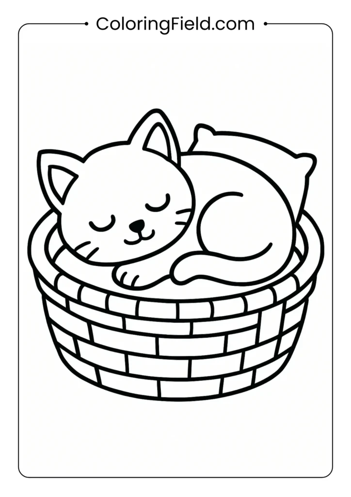 Outline of a kitten curled up and sleeping in a wicker basket with a pillow.