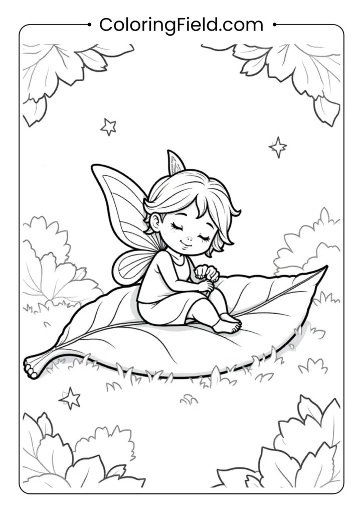 Sleepy fairy in a leaf bed coloring page featuring a tiny fairy resting peacefully on a curled leaf surrounded by flowers and gentle forest details.