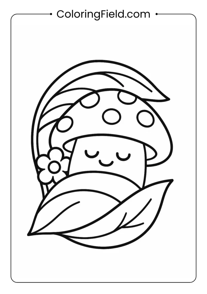Sleepy mushroom tucked in leaf bed with flower pillow coloring page