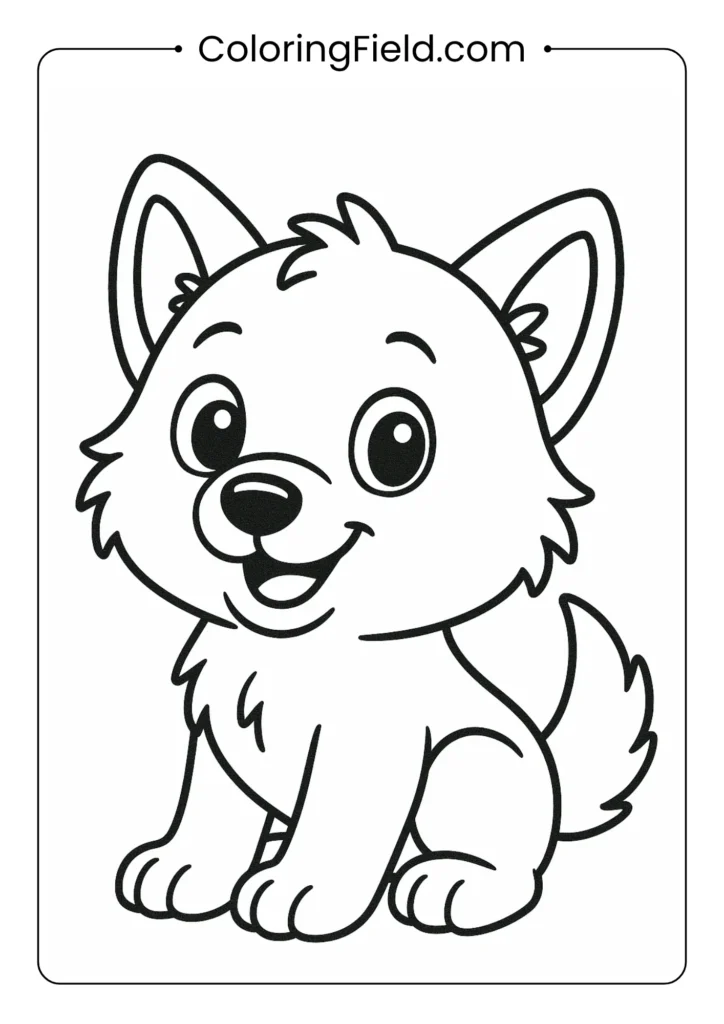 Cute baby wolf coloring page with big eyes and happy smile for kids