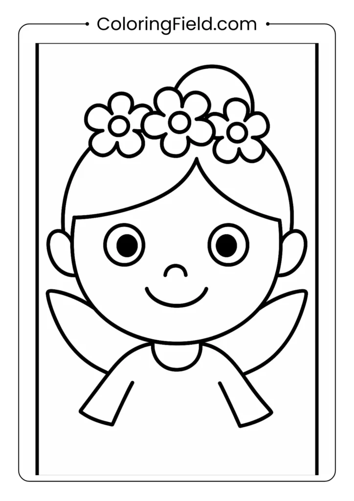 Happy fairy face with flower crown coloring page for toddlers