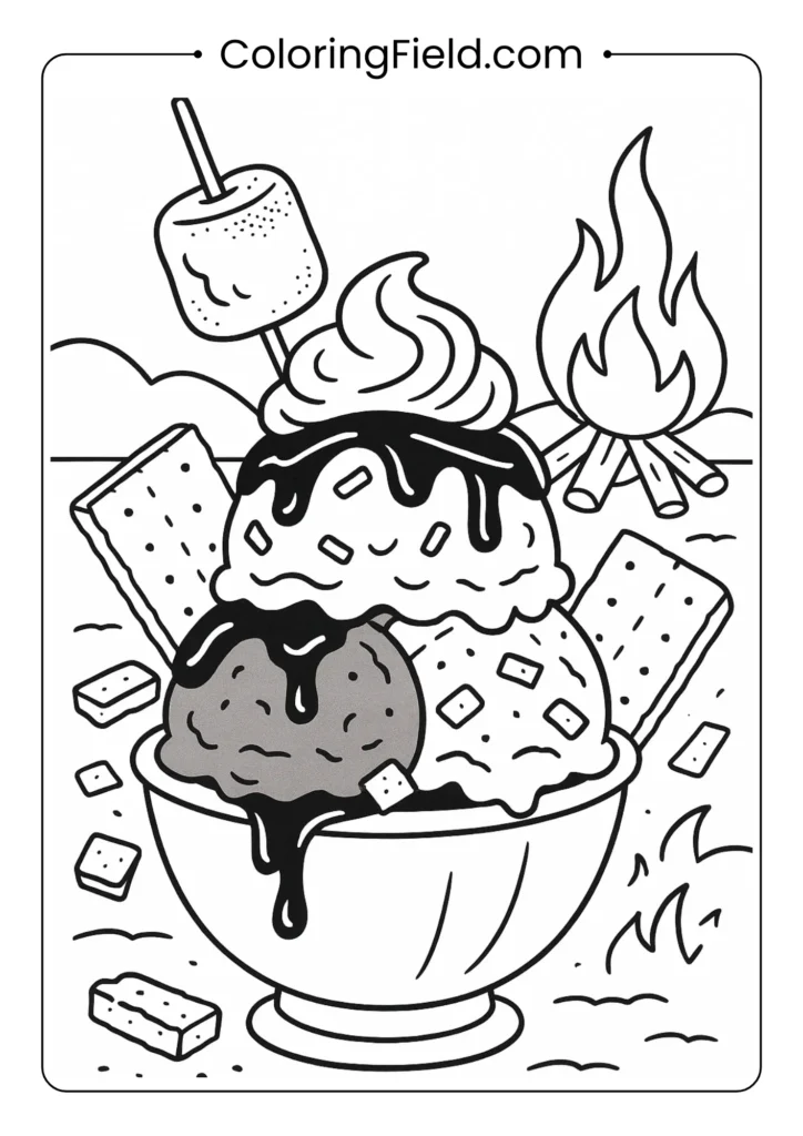 S'mores ice cream sundae coloring page with campfire elements and graham crackers