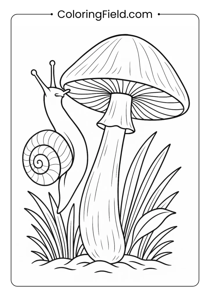 Garden snail climbing mushroom stem with detailed spiral shell coloring page