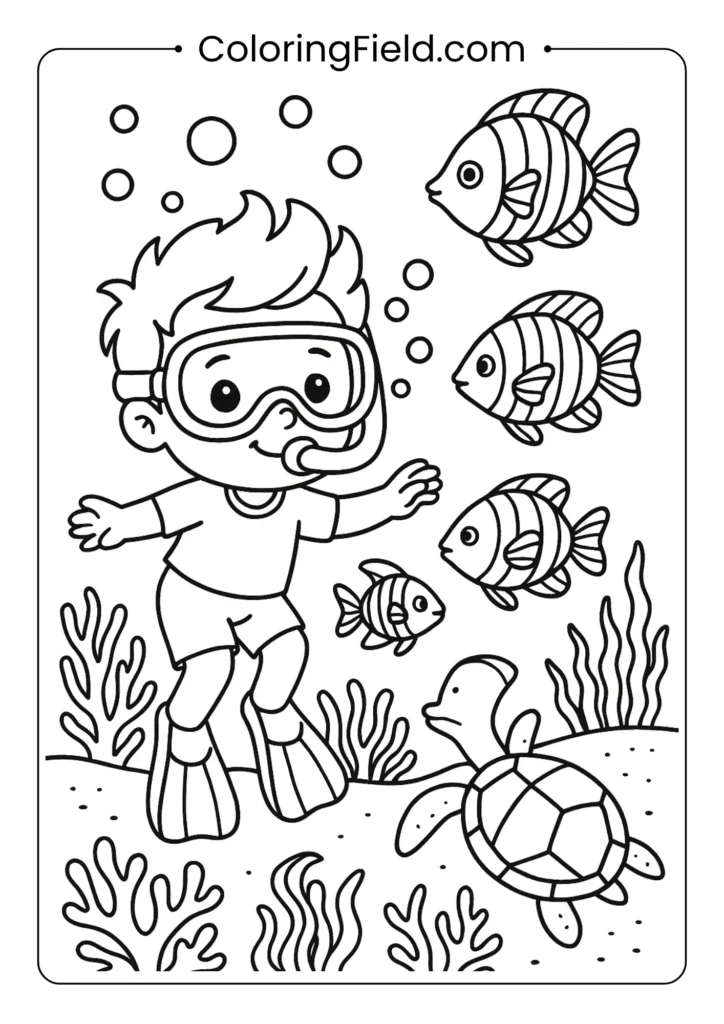 Kid snorkeling with mask coloring page, tropical fish and coral reef