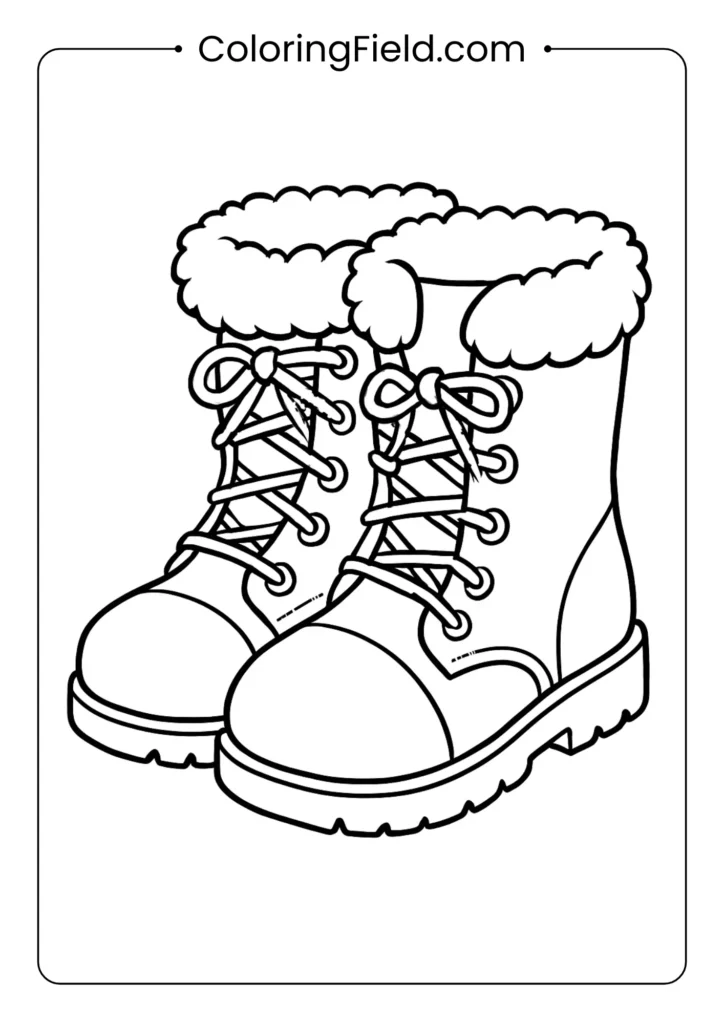 Winter boots coloring page with fur trim and laces
