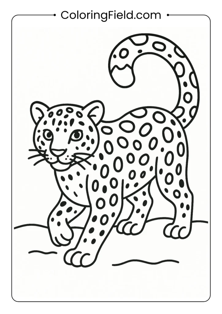 Snow leopard coloring page in hunting pose with spotted coat pattern