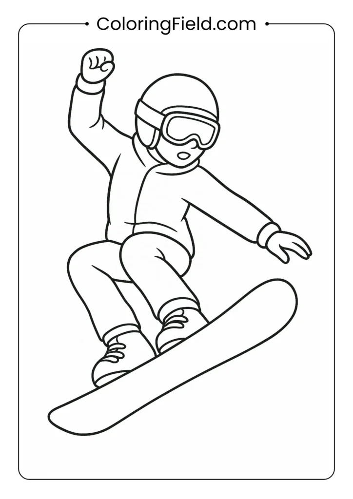 Snowboarder coloring page jumping with board visible in action pose