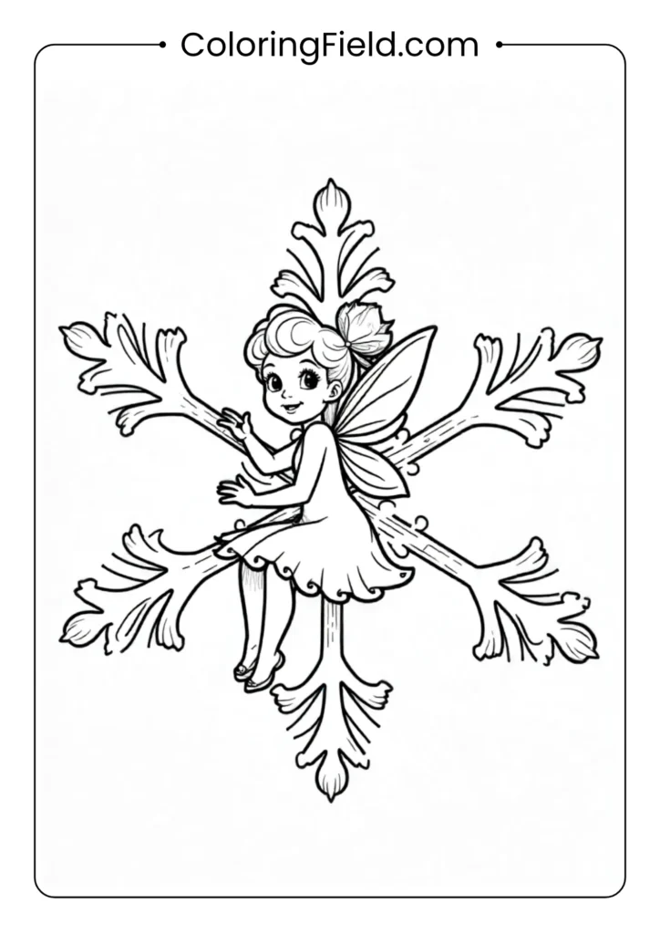 Snowflake fairy coloring page featuring a delicate fairy with snowflake-inspired wings surrounded by falling snowflakes and winter details.