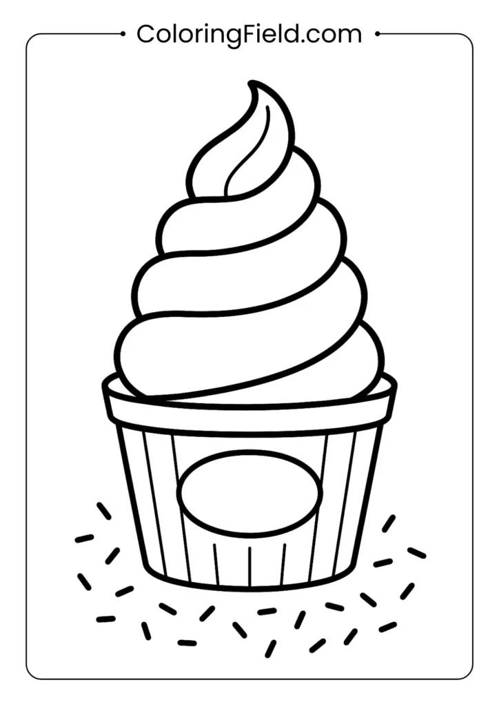 Soft serve ice cream swirl in cup coloring page with customizable logo space