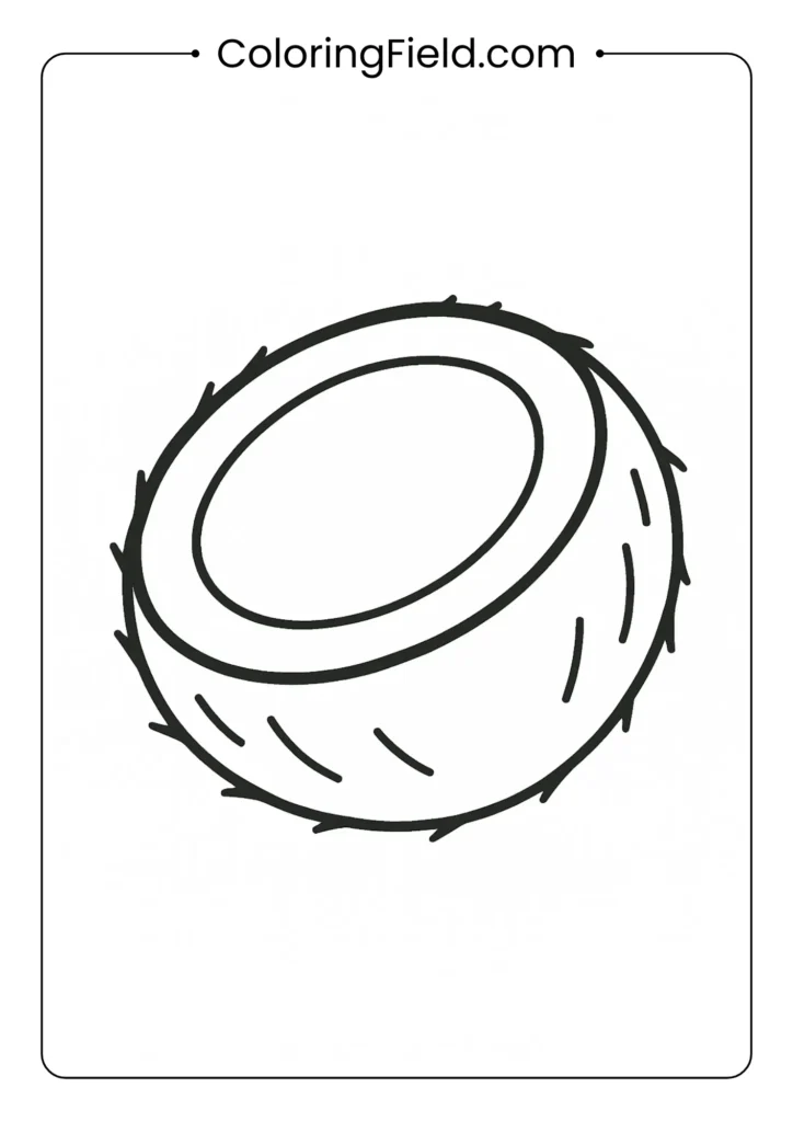 Split coconut coloring page showing white interior and brown shell