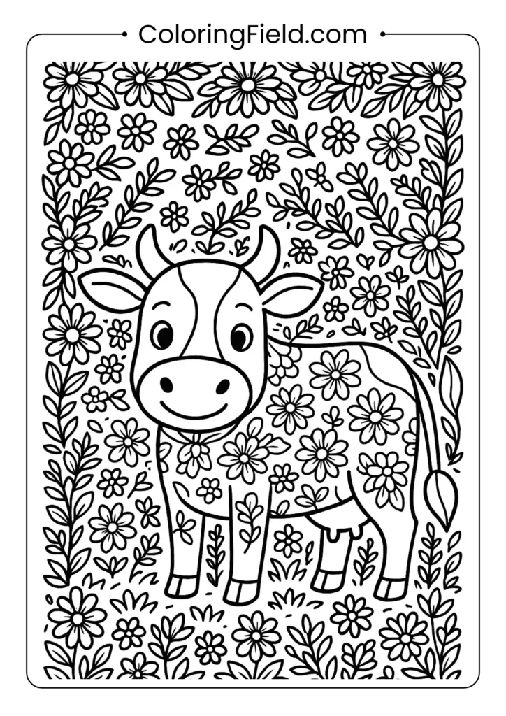 Spring cow surrounded by detailed flower borders seasonal coloring page