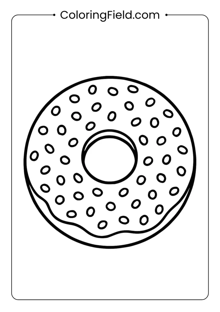 Donut coloring page with center hole and scattered sprinkles