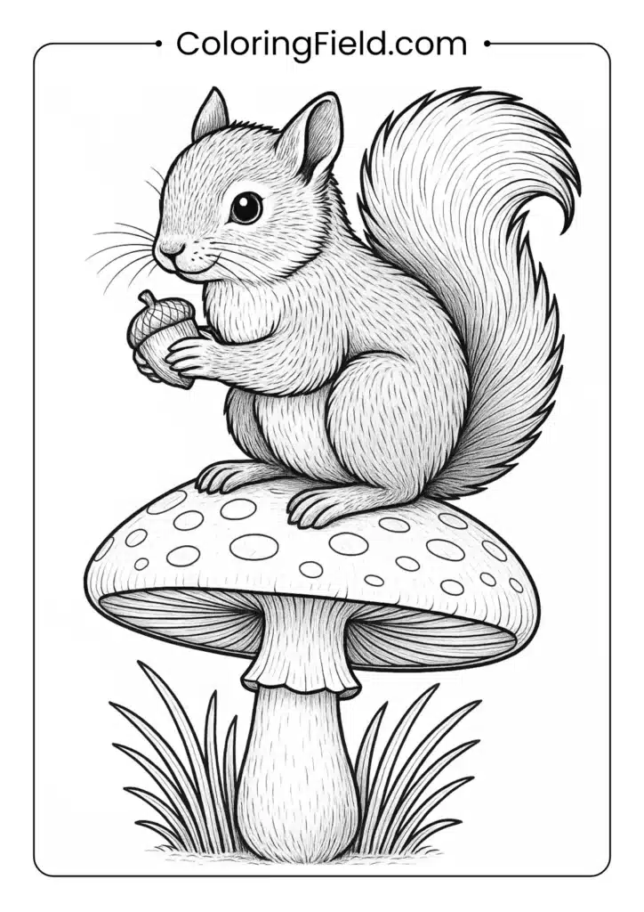 Cute squirrel sitting on large mushroom holding acorn coloring page