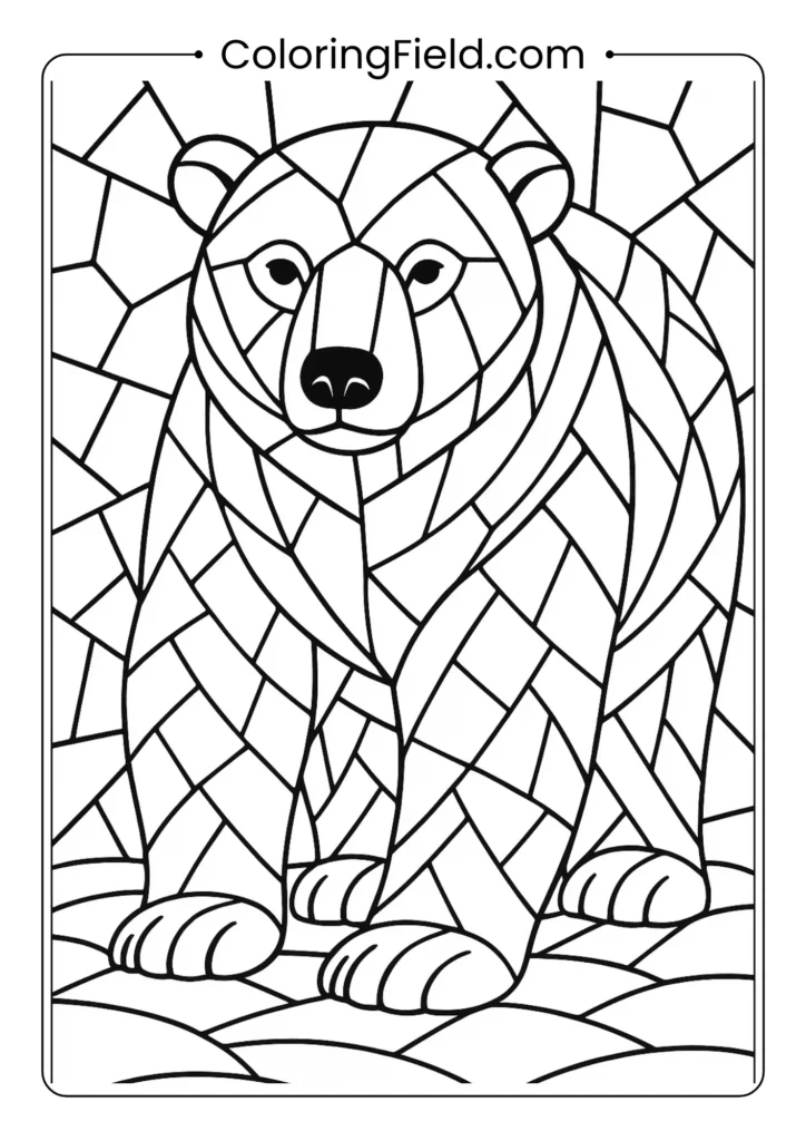 Stained glass style polar bear coloring page with geometric sections