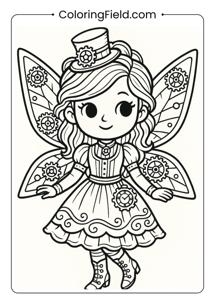 Steampunk fairy with mechanical wings and gears coloring page for adults