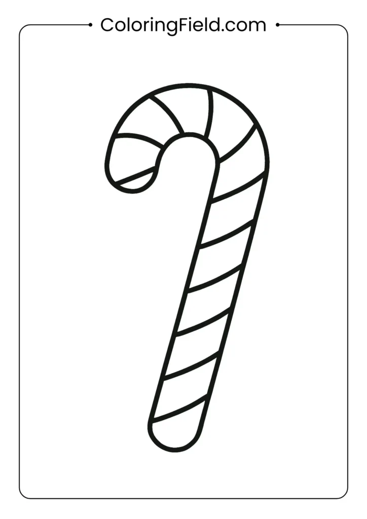 Candy cane coloring page with curved hook shape and diagonal stripes