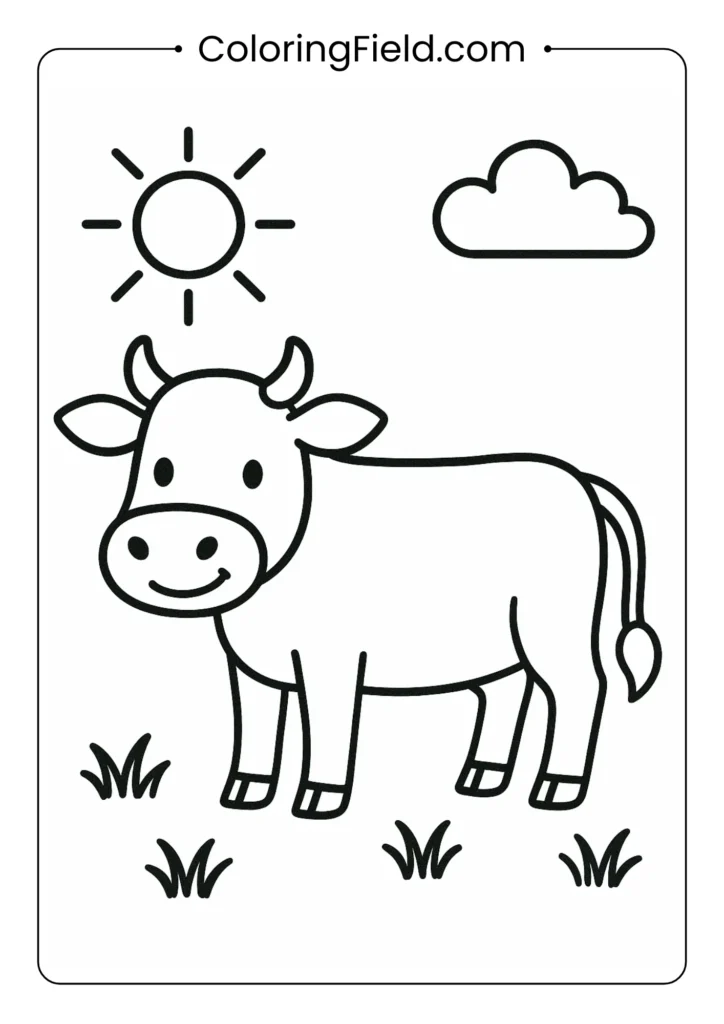 Happy cow with sun and cloud simple outline coloring page