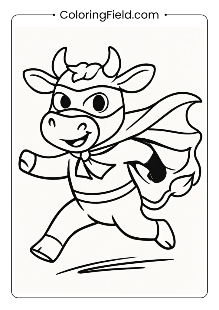 Superhero cow with cape and mask action coloring page