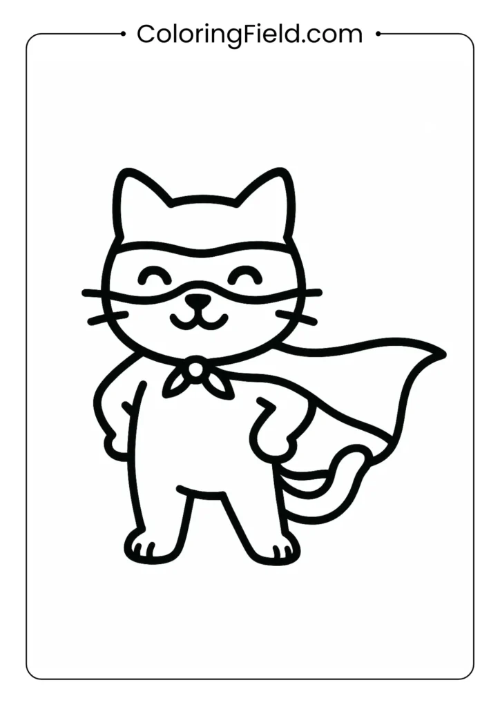 Kitten in cape and mask posing heroically.