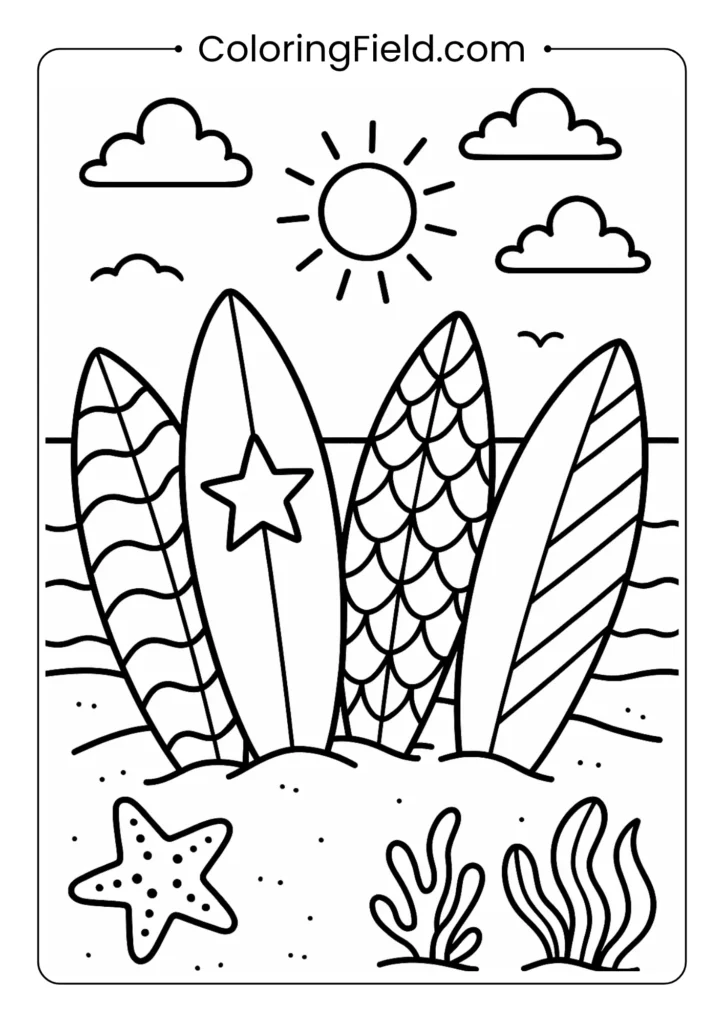 Various surfboards stuck in sand coloring page with different patterns