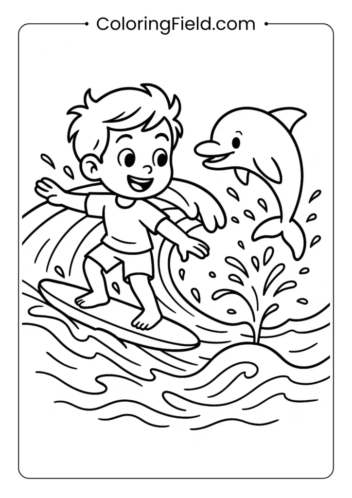 Young surfer riding wave with jumping dolphin coloring page, dynamic action scene